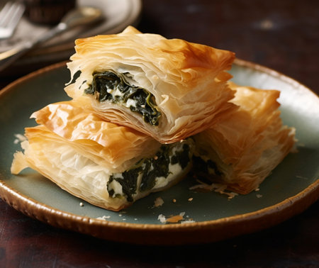 Homemade cheese and spinach pie on a plate : Generative AIの素材