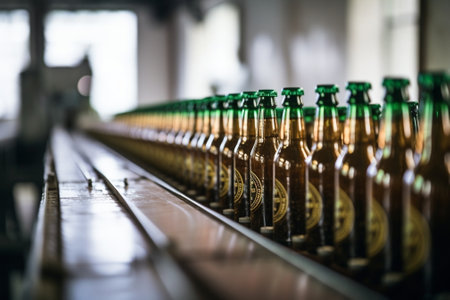 Beer bottles on a production line in a brewery Selective focus : Generative AIの素材