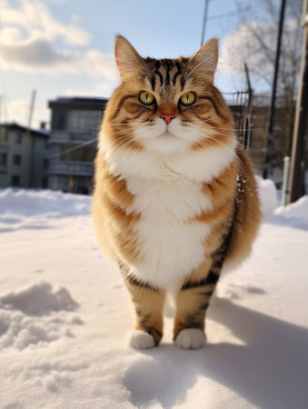 Cat in the snow next to the house : Generative AIの素材