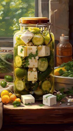 Cheese marinated in olive oil with fresh herbs in glass jar : Generative AIの素材