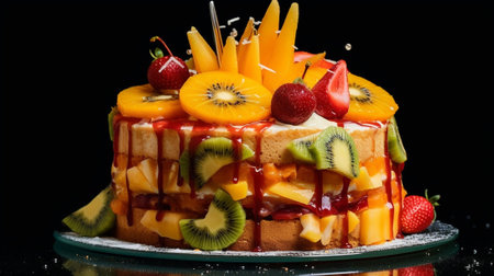 Colorful fruit cake made with pineapple kiwi orange and pomegranat Selective focus : Generative AIの素材