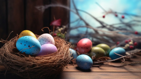 Easter eggs in the nest on rustic wooden background : Generative AIの素材
