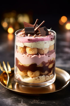 Dessert with biscuits chocolate and ice cream Modern cake in a glass : Generative AIの素材