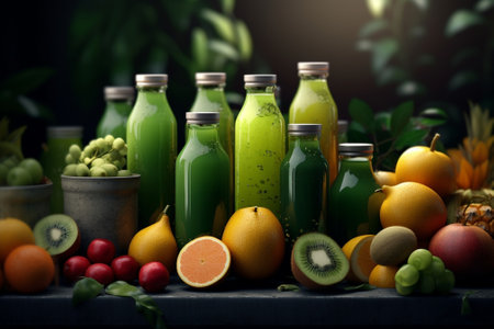 Fresh detox juices from fruit and vegetables in glass bottles on a wooden background : Generative AIの素材
