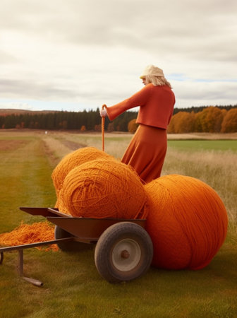 Cute little girl in a orange sweater red rubber boots and a pumpkin hat sits in a red trolley with large pumpkins in the autumn park : Generative AIの素材