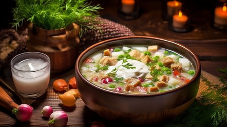 Borsch vinaigrette carrot salad rice with fish chicken soup with crackers stand on a wooden table : Generative AIの素材