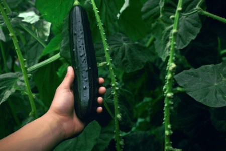 Childs hand holds a cucumber ripped from the garden on a background of red rubber boots Copy space : Generative AIの素材