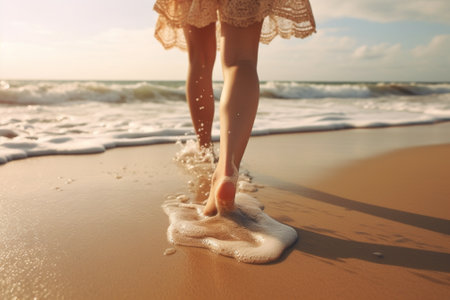 Girls feet on a sand sea coast Summertime concept Copy space : Generative AIの素材