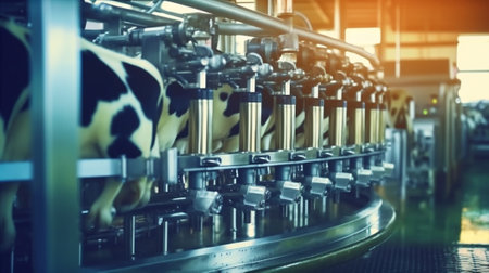 Industrial milking cows and mechanized milking equipment in farm : Generative AIの素材