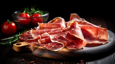 Jambon mix Ham Traditional Italian and Spanish salting smoking drycured dish jamon Serrano and prosciutto crudo sliced with cream and tomatos : Generative AIの素材