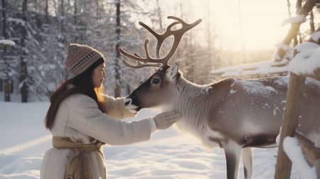 Funny little girl in knitted bull hat kissing her attractive mother on a back yard with Christmas decor Snowing : Generative AIの素材