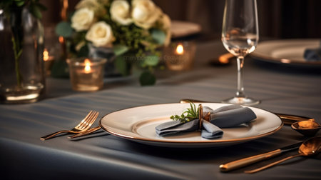 Luxury elegant table setting for dinner at a restaurant with flowers : Generative AIの素材