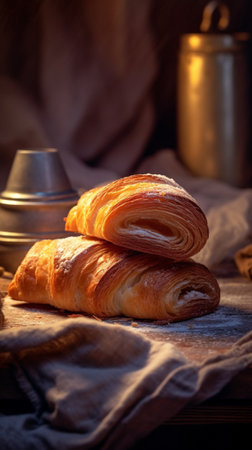 Fresh homemade croissants on wooden table selective focus : Generative AIの素材