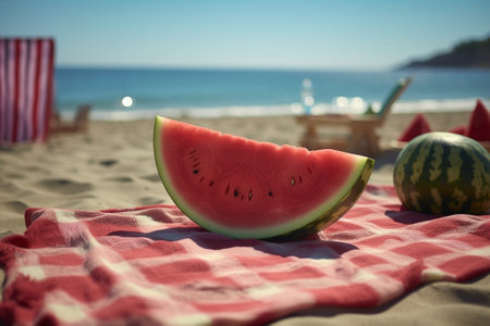 Juicy slice of watermelon against natural background on the beach : Generative AIの素材