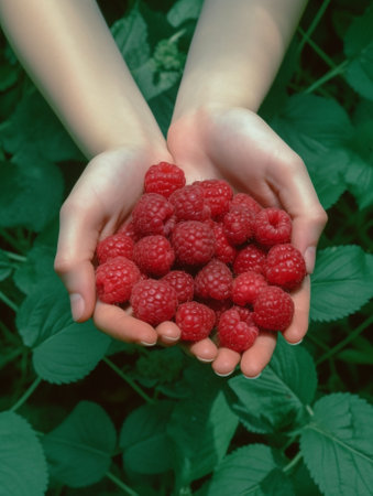 Girls hands holding bunch of red hawthorn in the garden Green background : Generative AIの素材