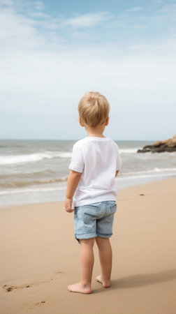 Longhaired curly toddler boy in white polo and denim shorts playing with white sand on the beach in the summer Dabai : Generative AIの素材