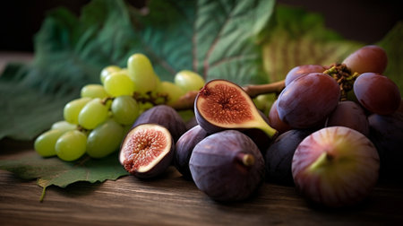 Fresh fruits figs on the wooden table : Generative AIの素材