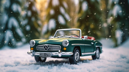 Little boy sits in a red childrens convertible in the snowy spruce forest and catches snowflakes with her hands High quality photo : Generative AIの素材