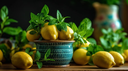 Lemons Fresh lemons with leaves in rustic ceramic bowl : Generative AIの素材
