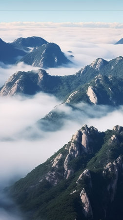 Pair of mountain skies and fresh morning slope with clouds on mountains on backgroundselective focus : Generative AIの素材