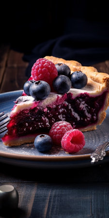 Homemade traditional sweet raspberry tart pie with ice cream on wooden table background : Generative AIの素材