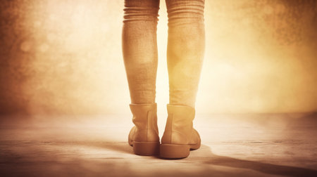 Pair of legs in traditional vintage brown boots and blue classic jeans : Generative AIの素材