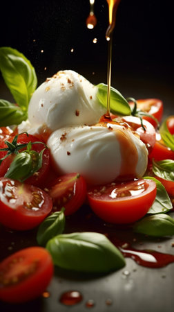 Mozzarella cheese cherry tomatoes basil leaves and olive oil caprese salad ingredients : Generative AIの素材