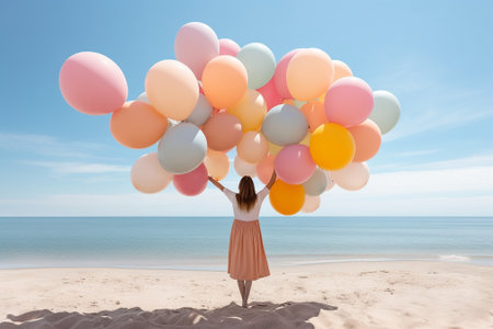Pretty young woman in summer shorts and blouse sitting on white wooden fence on the sand beach holding bunch of balloons Copy space : Generative AIの素材