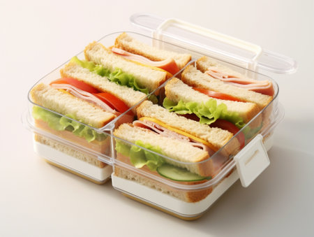School lunch Sandwich with vegetables and meat Selective focus : Generative AIの素材