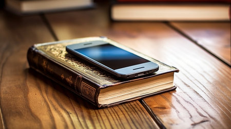 Old vintage books and smartphone on a wooden table : Generative AIの素材