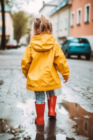 Pretty little girl with curly blond hair in pink rain coat playing with stones on the road Talking Copy space : Generative AIの素材