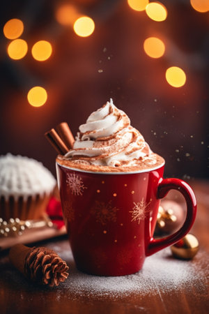 Red cup of cacao with marshmallows standing on black mirror table against Christmas lights Copy space : Generative AIの素材