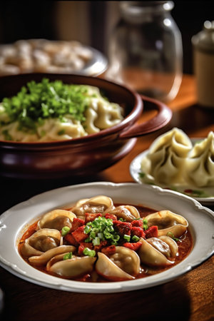 Okroshka soup plate with pasta and cutlet summer salad and glass of compote standing on wooden dinner table in the eatery : Generative AIの素材