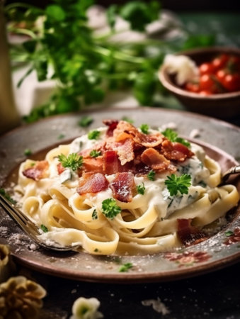 Top view of carbonara pasta with bacon tomatoes cheese and cream in restaurant Served on blue napkins with fork and knife : Generative AIの素材