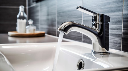 Silver faucet in the bathroom over beautiful wooden board beauty spa copy space wallpaper selective focus : Generative AIの素材