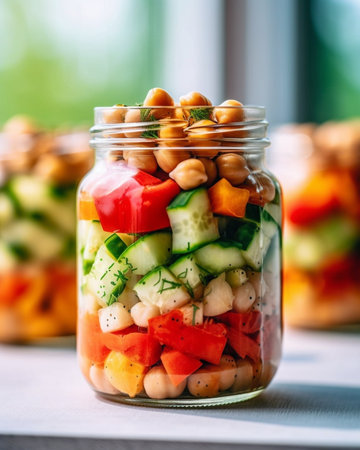 Salads with arugula radish tomatoes seeds and cucumber in glass jars Healthy food diet and detox concept : Generative AIの素材