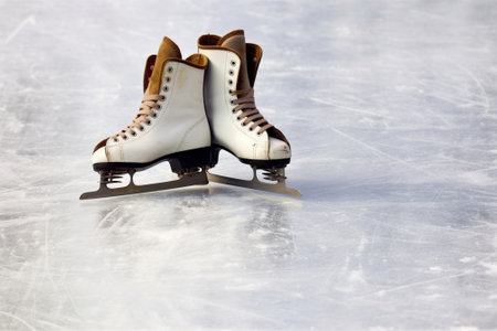 Vintage ice skates for figure skating with fir tree branch on rustic background Christmas decoration : Generative AIの素材