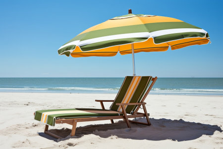 Striped beach umbrella on the beach : Generative AIの素材
