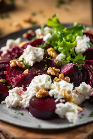 Salad with beetroot and walnuts on a plate food : Generative AIの素材