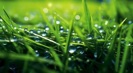 background of dew drops on bright green grass : Generative AIの素材