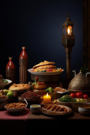 Table with various arabic food served : Generative AIの素材