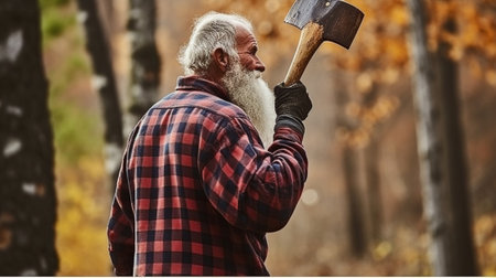 Wood chopping with hand axe on the mountain by the lake : Generative AIの素材