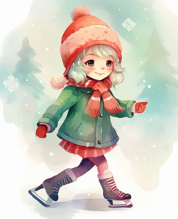 Young pretty long haired girl in beige coat and sweater with green skirt and red headband skating at the open skating rink Christmas background : Generative AIの素材