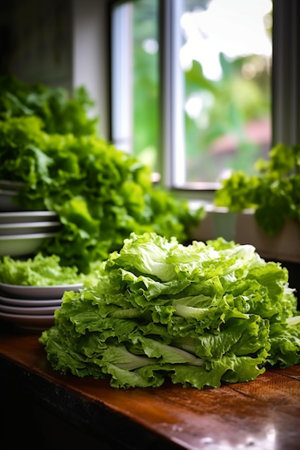 Washing lettuce leaves Wash the vegetables in the kitchen : Generative AIの素材