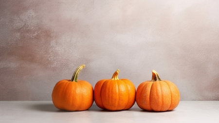 Three orange pumpkins laying on green grass Copy space : Generative AIの素材