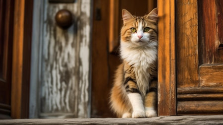 a cat sitting in front of a door : Generative AIの素材