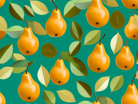 Yellow and green pears and apples with small orange autumn leaves laying on green grass Copy space : Generative AIの素材
