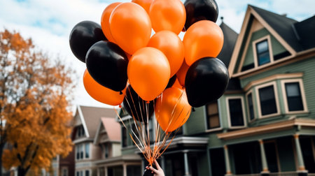 Young teen girl in black clothes standing against orange house and holding halloween balloon before her face Focus ai at the balloonHoliday concept : Generative AIの素材