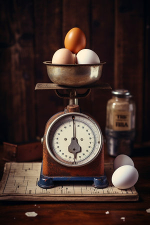 metallic scale with two egg in pans : Generative AIの素材