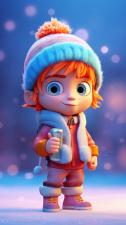 Young cute boy in orange winter jacket and red hat holding Santas cup of cacao with marshmallows standing on a fake ice rink among Christmas trees : Generative AIの素材